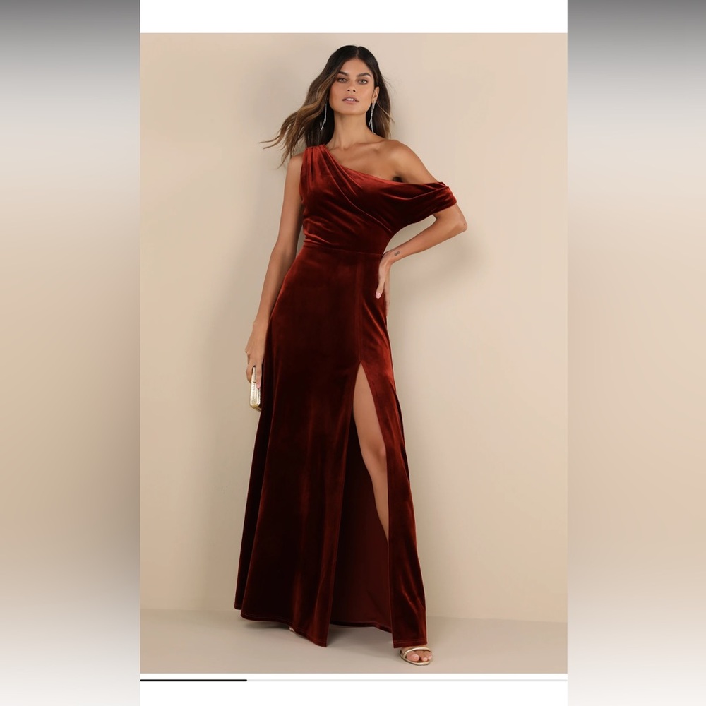 LULUS Coveted Confidence Rust Orange Velvet Asymmetrical Maxi Dress